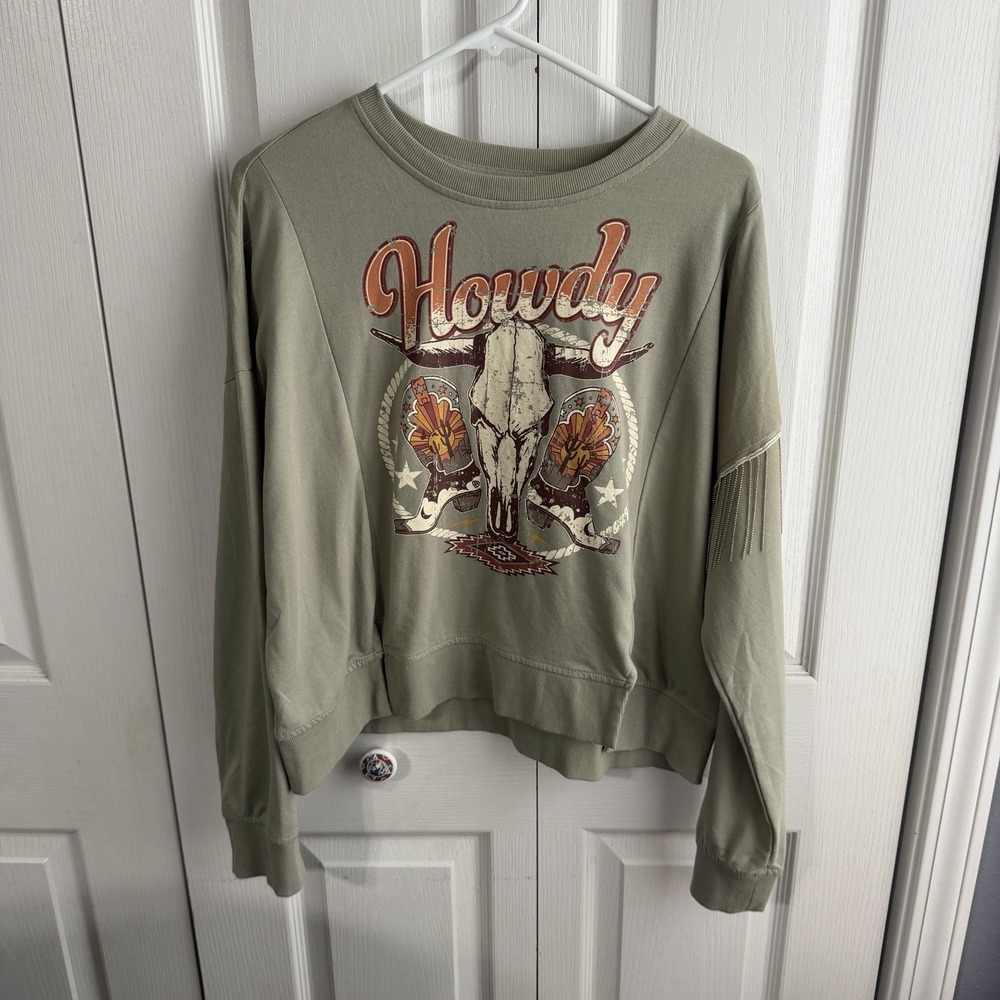 Rock & Roll Denim Howdy Cow Soul Fringe Sweatshirt Women's Size Large Rodeo Boho